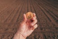 Farmer holding bitcoin cryptocurrency coin in plowed field, financial investment in agricultural production