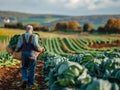 Farmer holding a cabbage in an agricultural field. Growing and harvesting leafy vegetables in the autumn season Royalty Free Stock Photo