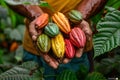 Farmer holding colorful cacao pods harvest Royalty Free Stock Photo