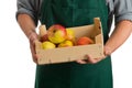 Farmer holding crate with fresh harvested apples