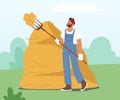 Farmer Holding Pitchfork and Sticking it into Haystack. Villager Male Character Work at Summertime in Village or Farm Royalty Free Stock Photo