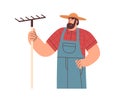 Farmer holding rakes portrait. Agriculture farm worker in straw hat. Agriculturist with tool in hand. Bearded country