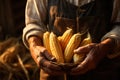 farmer holding ripe organic many corn cobs in his hands Royalty Free Stock Photo