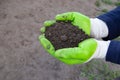 Farmer holding soil in hands close-up. View from above. Royalty Free Stock Photo