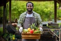 Farmer holding wooden box full of fresh  vegetables. Basket with vegetable. Man holding big box with different fresh farm vegetabl Royalty Free Stock Photo