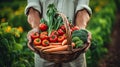 A farmer holds a basket of vegetables in his hands. Ingathering. Generative AI.