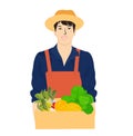 A farmer holds a box of vegetables. Vector stock illustration.