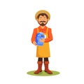 Farmer holds can of milk, vector banner or clipart
