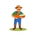 Farmer holds chicken and eggs, vector icon. Royalty Free Stock Photo