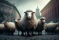 A crowd of sheep look out the open door. Job interview queue. AI generated