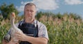 A farmer holds a large goose. Poultry and food from local farmers