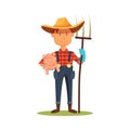 Farmer holds piggy, vector banner or clipart. Royalty Free Stock Photo