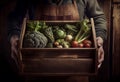 A farmer holds a wooden box with a crop of vegetables and root crops. Natural and organic food products.