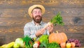 Farmer with homegrown harvest. Farmer rustic villager appearance. Man cheerful bearded farmer hold horseradish wooden Royalty Free Stock Photo