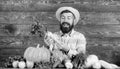 Farmer with homegrown harvest. Farmer rustic villager appearance. Man cheerful bearded farmer hold horseradish wooden Royalty Free Stock Photo