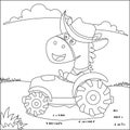 Farmer horse driving a tractor. Vector illustrationa cute and fun farm scene with farm house. Cartoon isolated vector illustration