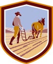 Farmer and Horse Plowing Farm Field Crest Retro