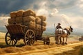 Farmer On Horsedrawn Wagon Transporting Bales Of Hay In Scenic Countryside. Generative AI