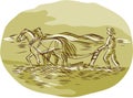 Farmer and Horses Plowing Field Oval Etching Royalty Free Stock Photo