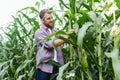 Farmer inspecting corn field and looking away