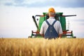 farmer inspecting wheat field before harvest with combine in background