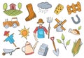 Farmer jobs or profession doodle hand drawn set collections with flat outline style Royalty Free Stock Photo