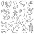 Farmer jobs or profession doodle hand drawn set collections with outline black and white style Royalty Free Stock Photo