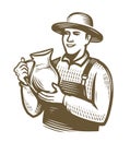 Farmer with jug of milk. Farming sketch vintage vector