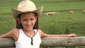 Farmer Kid and Grazing Sheep, Cowboy Child Portrait Pasturing, Blonde Cute Girl Shepherd Pastured Animals