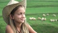 Farmer Kid and Grazing Sheep, Cowboy Child Portrait Pasturing, Blonde Cute Girl Shepherd Pastured Animals