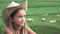 Farmer Kid and Grazing Sheep, Cowboy Child Portrait Pasturing, Blonde Cute Girl Shepherd Pastured Animals in Field