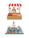 Farmer in Kiosk Selling Meat Vector Illustration