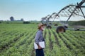 Farmer with laptop in soybean field