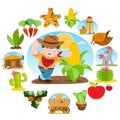 Farmer and a large ear of corn. Agricultural business. Set of color illustrations on the theme of farming