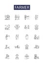 Farmer line vector icons and signs. Agriculturist, Horticulturist, Rancher, Crofter, Tiller, Grower, Agronomist,Plowman