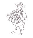 Farmer lineart vector character. Cartoon cute fat man in hat holding box of vegetables in hands