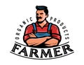 Farmer logo or emblem. Farm, agriculture, farming badge. Organic natural food symbol vector illustration