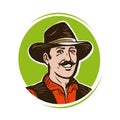 Farmer logo or label. Portrait of happy American cowboy in hat. Cartoon vector illustration Royalty Free Stock Photo