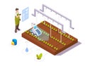 Farmer making greenhouse crop growth analysis using robotics technologies, vector isometric illustration. Smart farming.