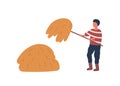 Farmer making haystack flat vector illustration. Faceless rancher, farm worker with pitchfork cartoon character. Village