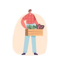 Farmer Male Character Proudly Holds A Wooden Box Filled With Fresh, Vibrant Greens With Lush Foliage Vector Illustration