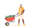 Farmer Male Character Pushes A Trolley Filled With Fresh Green Vegetables, Showcasing The Bounty Of Harvest