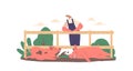 Farmer Male Character Standing at Fence Observing Pigs Wallowing In Mud. Pigs Are Rolling, Splashing Vector Illustration