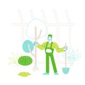 Farmer Man Character in Overalls Working in Garden Digging Soil and Care of Plants in Greenhouse
