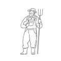 Farmer man with chicken and fork in hand. Line art style character vector black white isolated illustration.