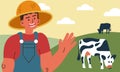 Farmer man and cow farm countryside landscape. Dairy and milk with animal cartoon cattle vector illustration. Character people and