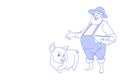 Farmer man feed pig pork butcher animal farm countryman male character sketch doodle horizontal