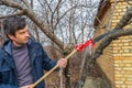 Farmer man with garden saw for cutting branches of cherry bush overgrown with lichen. Pruning of fruit trees with lopper. Spring Royalty Free Stock Photo