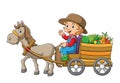 The farmer man with horse is pulling a cart full of vegetables