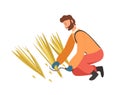 Agricultural Worker Cutting Straw by Scythe Vector